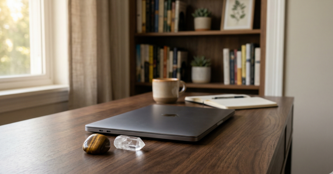 静かな書斎のデスク上にノートPCと洗練された天然石が置かれた、落ち着きのある作業風景
