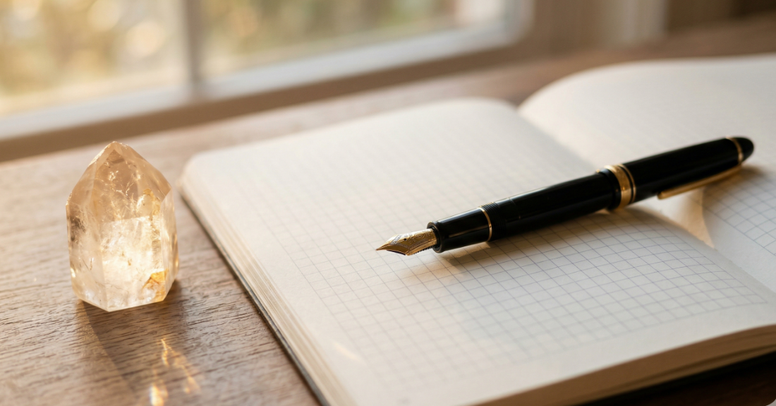 万年筆でノートに丁寧に文字を書き込んでいる手元と、傍らに置かれたクリアクォーツ（水晶）の温かみのある情景