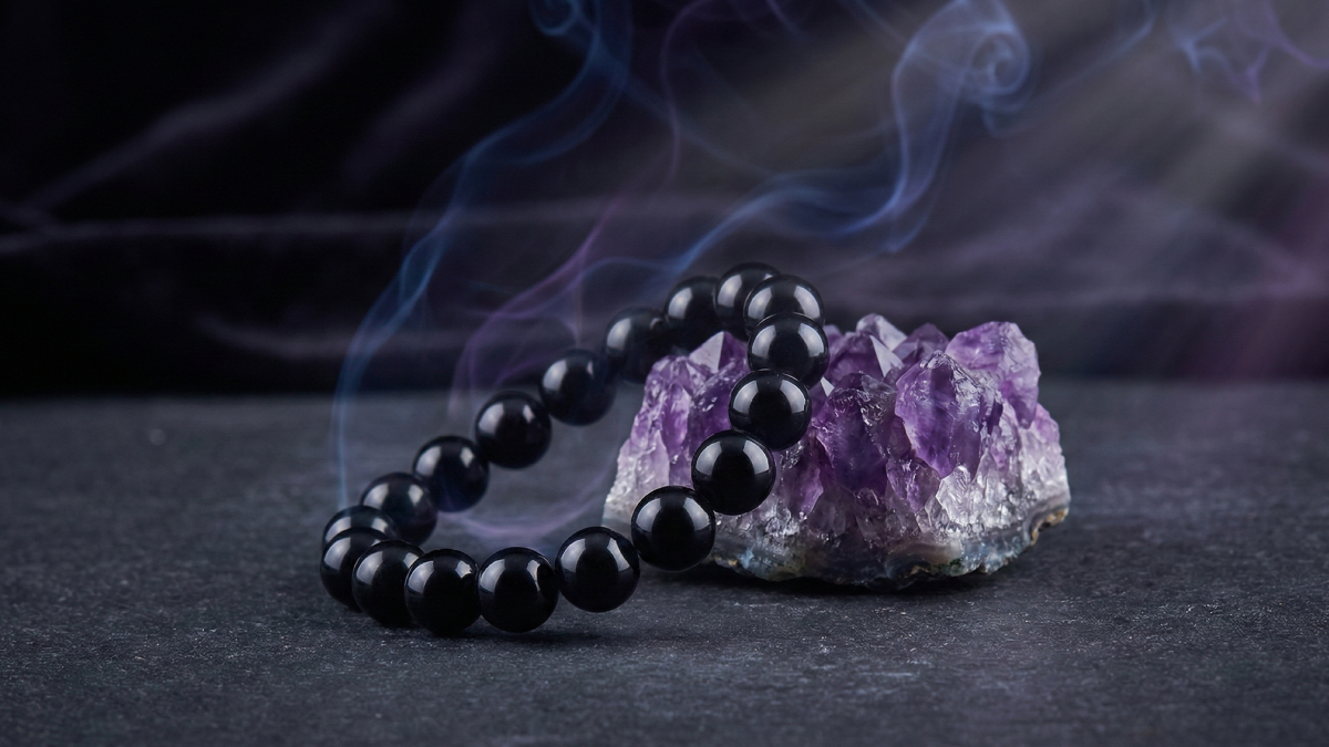 深く輝くオブシディアンとアメジストのブレスレット