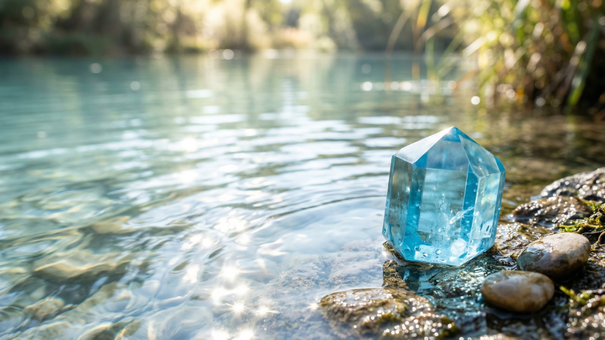 水辺に置かれた透明感のあるアクアマリンのパワーストーン
