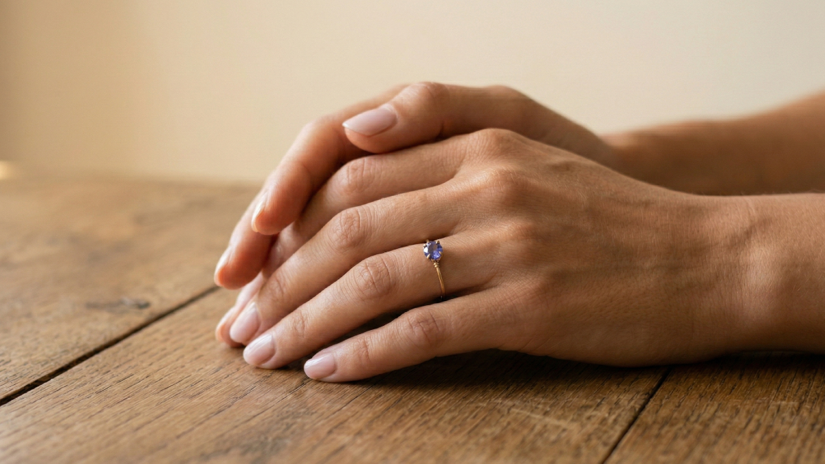 女性の手元に輝くパワーストーンのリング。指ごとに異なる運命のスイッチを表現