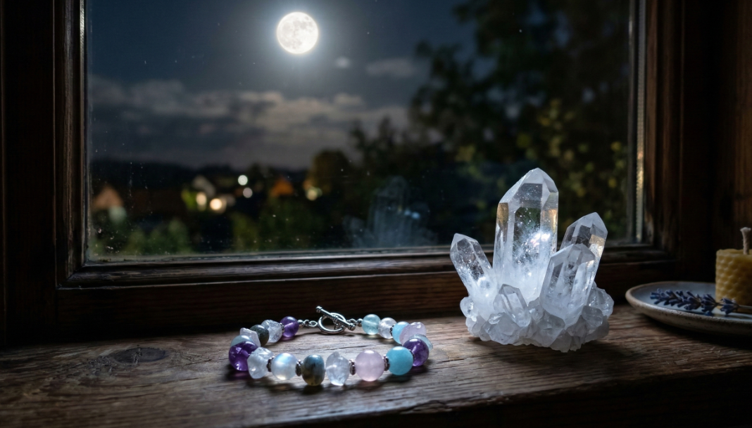 満月の光を浴びる天然石、または水晶クラスターの上で休むブレスレット