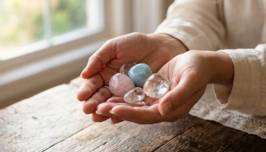複数種類の美しい天然石が、バランス良く手のひらに乗っている風景