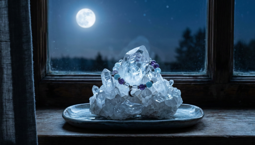 月光の差し込む窓辺で、水晶クラスターの上で休むブレスレットの静謐な風景