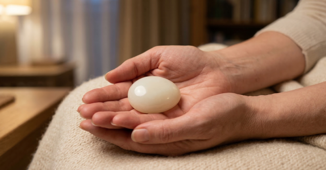 安心感とアンカリングを視覚的に表現する、手元と石の落ち着いた構図