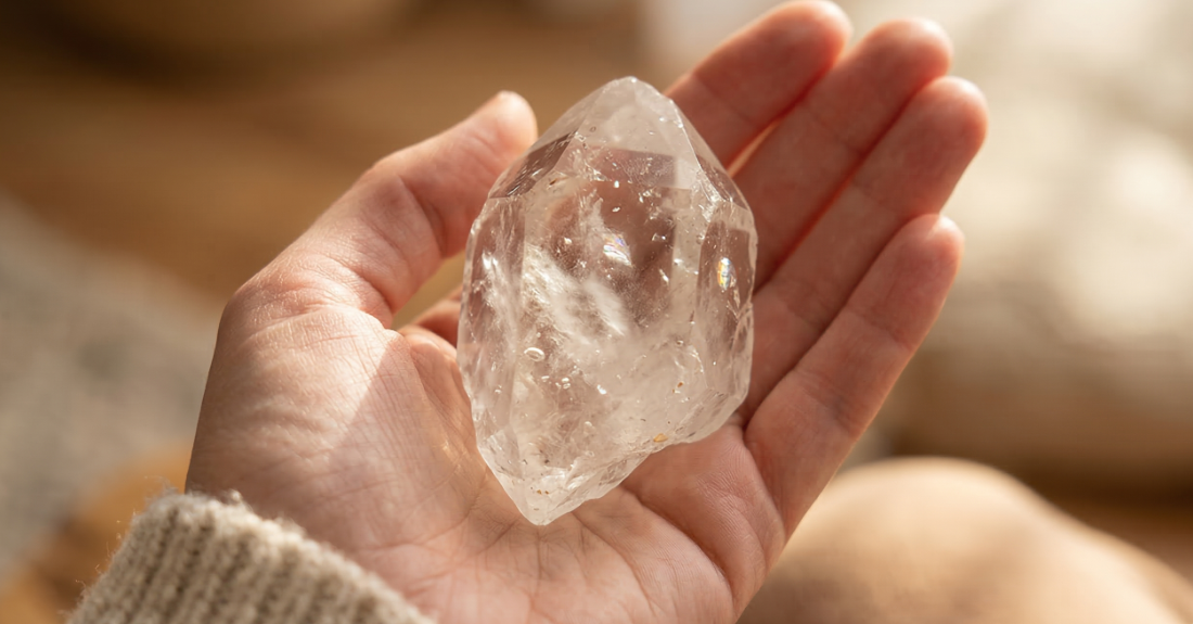 光に透かした天然水晶のクラックや内包物の美しさ