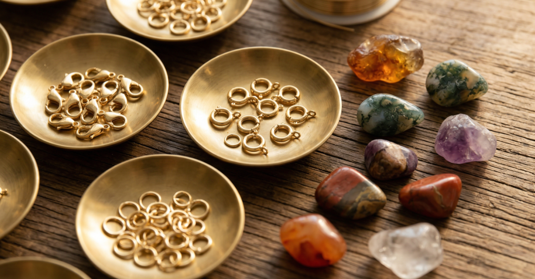 上質な14KGFパーツと天然石が机に並んでいる、創作意欲を掻き立てる美しい手元の風景