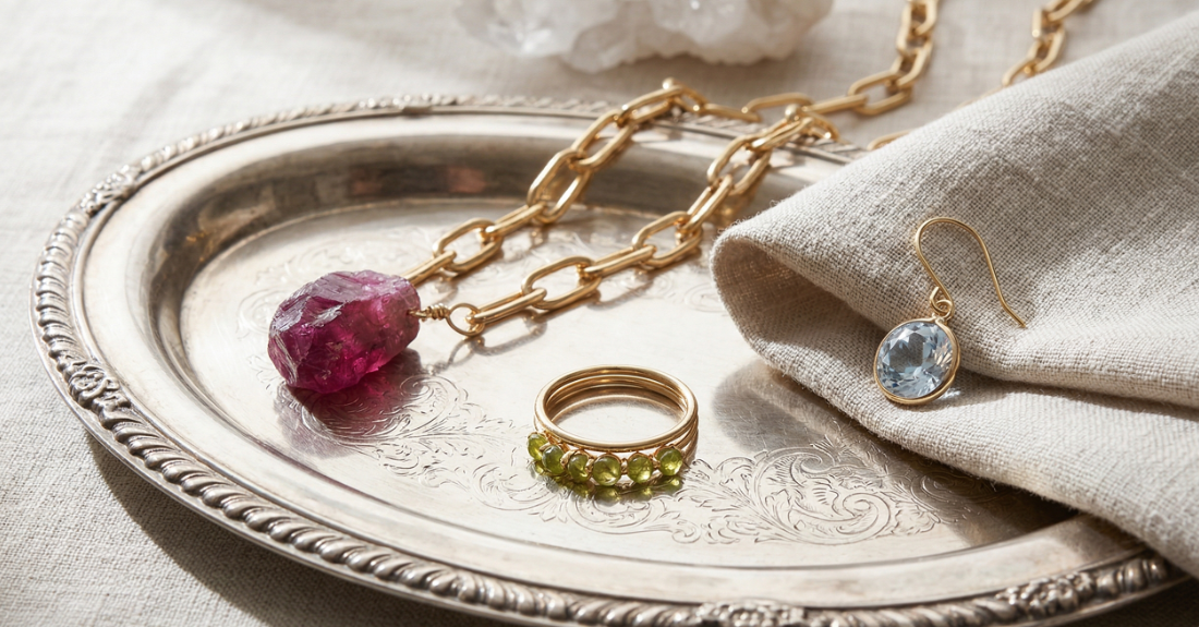 完成したアーシーグリーンのリング、透明感のあるピアス、アシンメトリーなネックレスが、アンティークトレイの上に美しく配置された様子