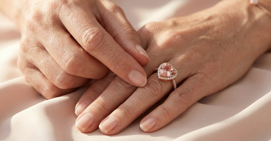 穏やかな自然光の中、お気に入りの天然石リングにそっと触れる手元の風景