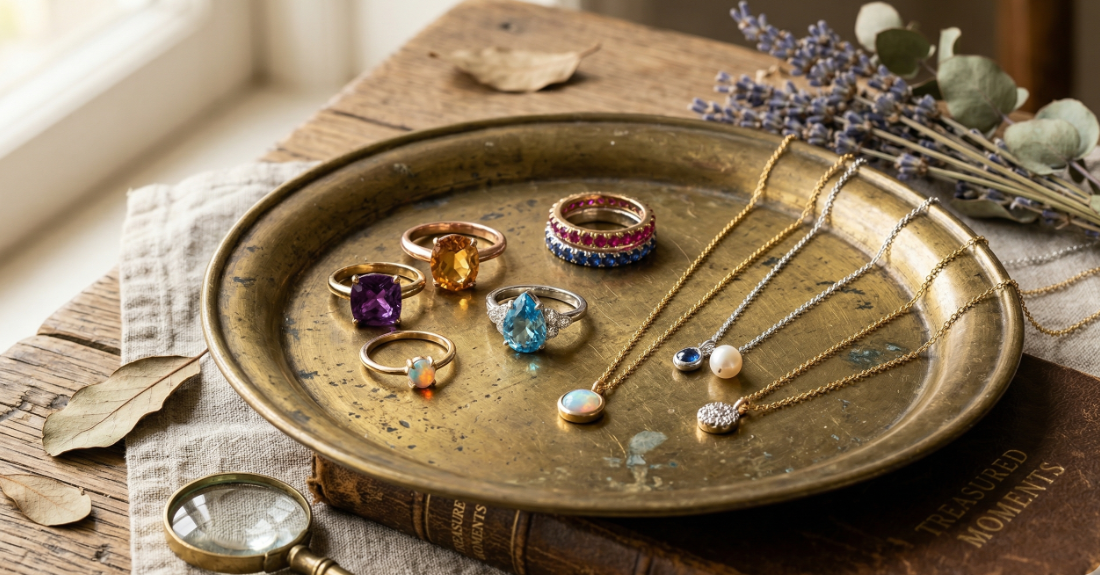 アンティーク調のトレイの上に並べられた、いくつかの美しいカラーストーンとジュエリー