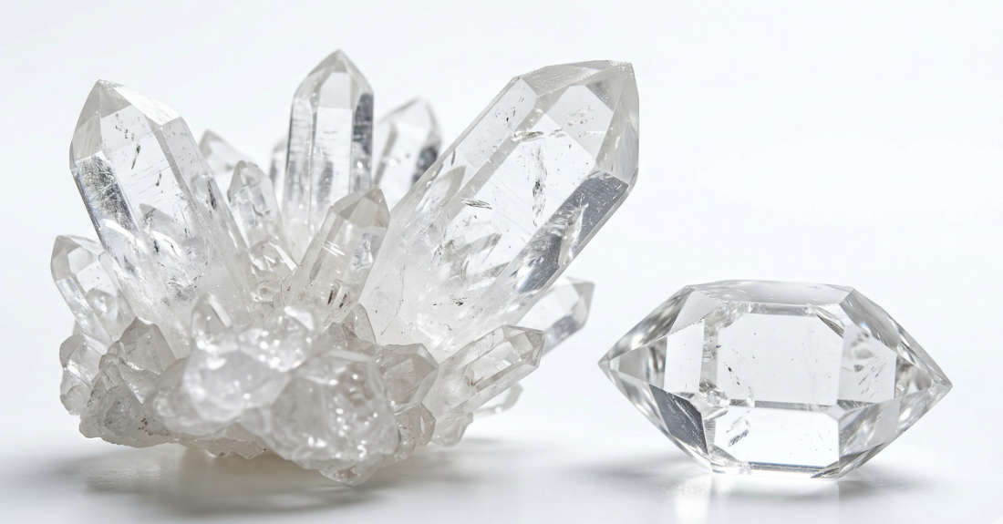 清らかな輝きを放つ水晶のクラスターとハーキマーダイヤモンド
