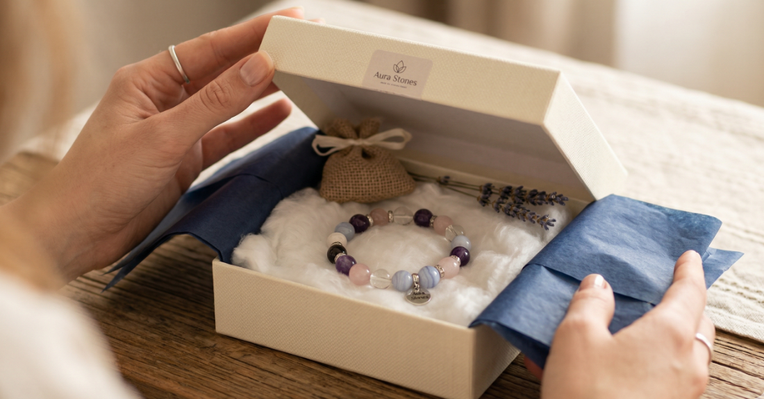 届いたパワーストーンの箱を開け、フワッと良い香りが広がる中でほっと微笑む安堵の瞬間