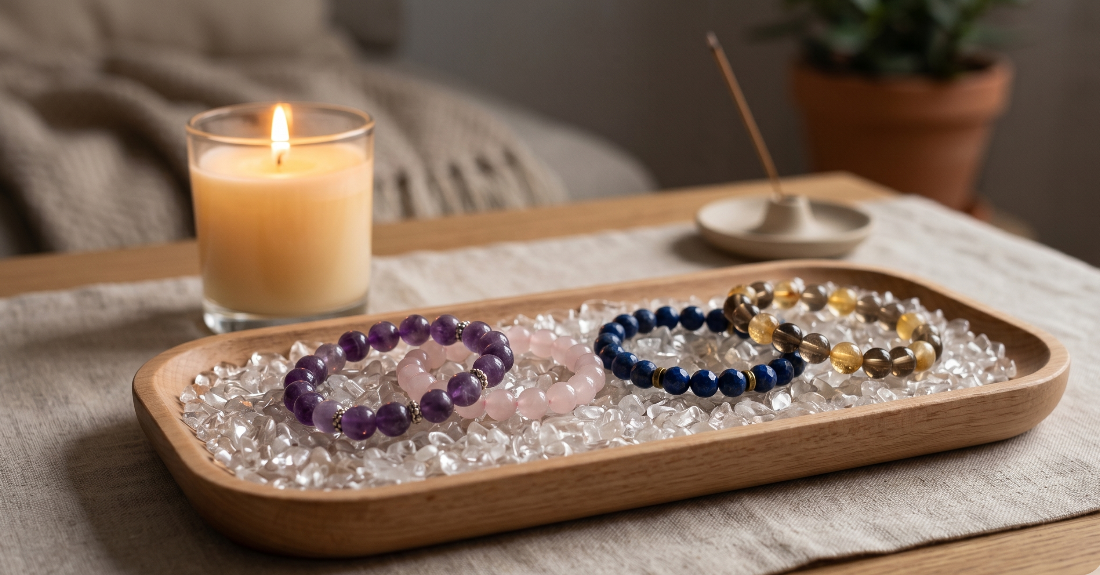 帰宅後、外したブレスレットを木のお皿やさざれ石の上にそっと休ませている静かな風景