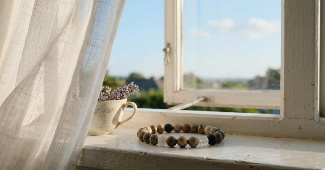 風が吹き抜ける窓辺に置かれた、役目を終えたブレスレット