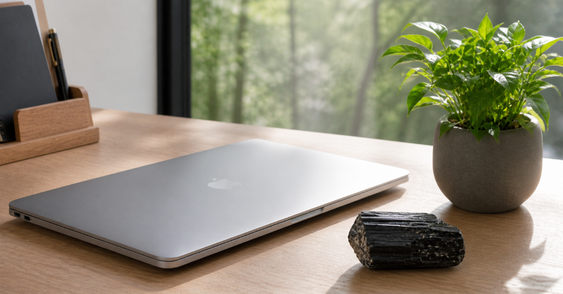 PCの横に置かれたブラックトルマリンの原石と観葉植物。整ったワークスペースのイメージ