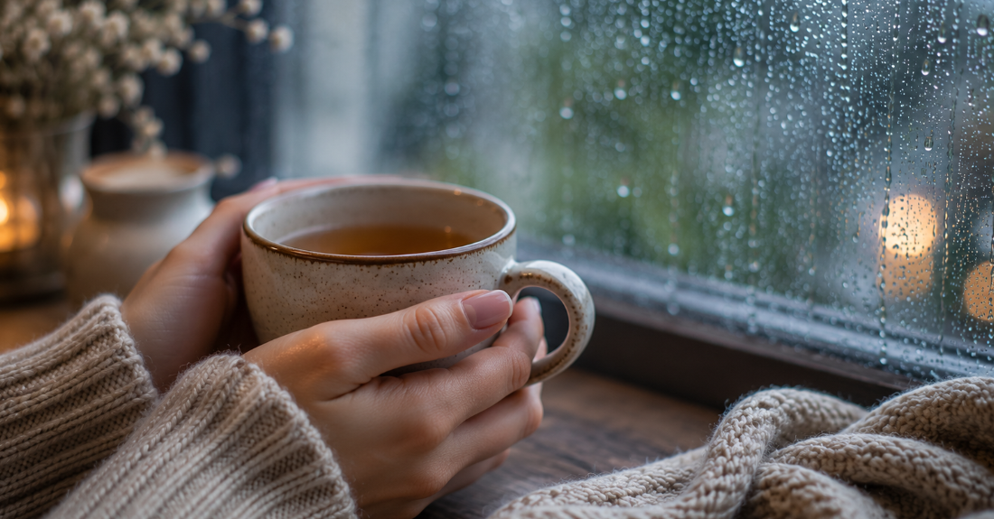 雨の日の窓辺で温かい飲み物を手にリラックスする様子