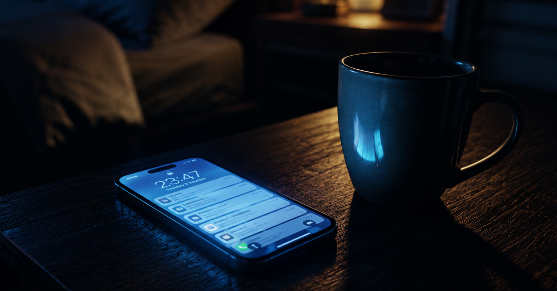 薄暗い部屋の中、机の上で何度も明滅するスマートフォンの無機質な光。画面の光だけが妙に強く、静かなはずの空間まで落ち着かなく感じられる。