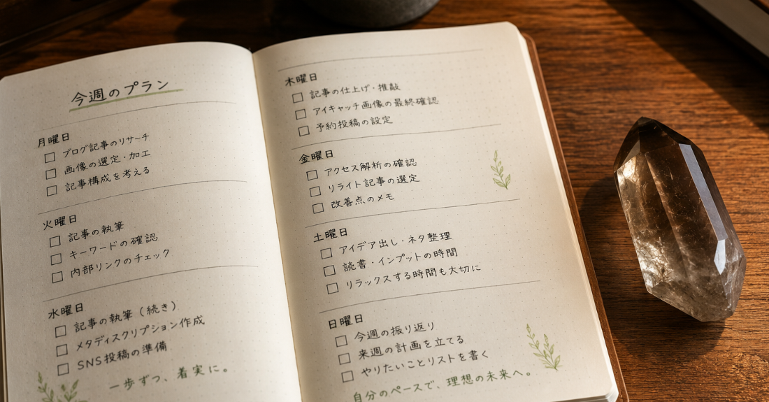 7日間のキャリア整理プランを書いたノートと天然石。